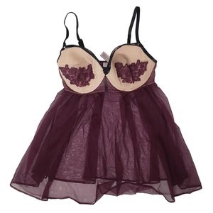 Victoria's Secret 36D Burgundy Maroon Mesh Sheer Babydoll Lingerie